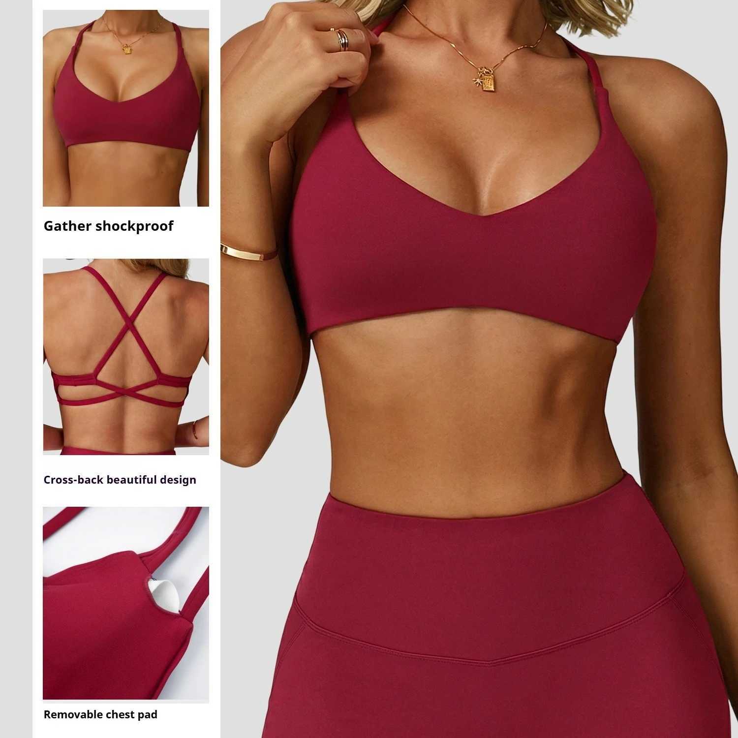 Sports Bra High Impact Support Women Gym Underwear Push-up Back Cross Yoga Crop Top Running Workout Fitness Pilates Solid Color Z20260319