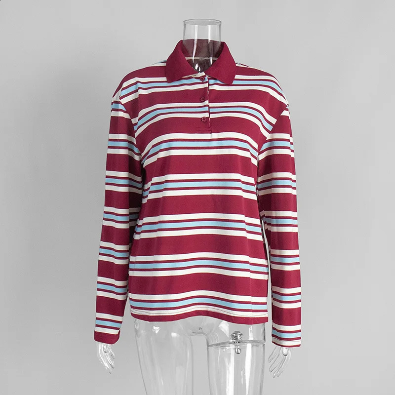 Tornova Casual Long Sleeve Striped T shirt Polo Collar Loose Womens Top Pullover Fashion Retro Print T shirt Female Autumn 260304