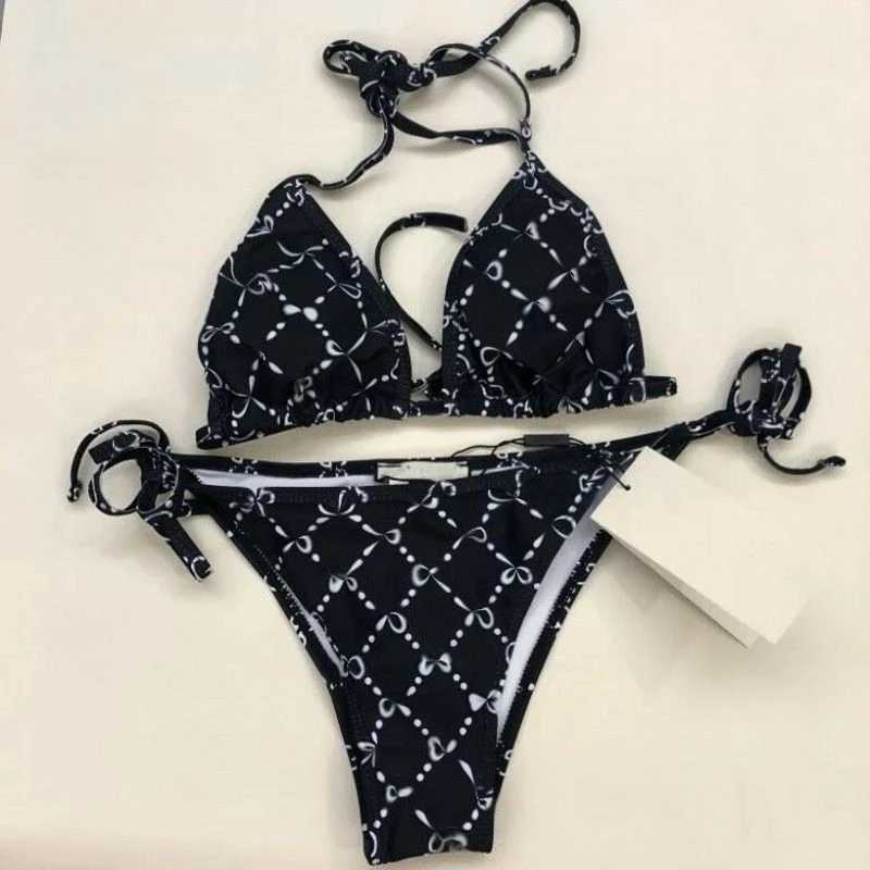 2025 Summer New Womens Fashion Printed Sexy Bareback Hanging Neck Strap Split BikiniT260318