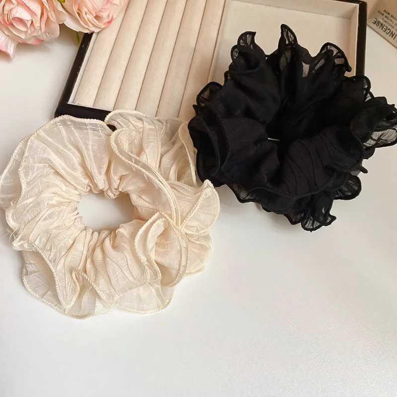Solid Color Mesh Pleated Double-layer Large Scrunchies for Women Korean Simple Hair Flower Low Ponytail Holders Head Accessories H260319