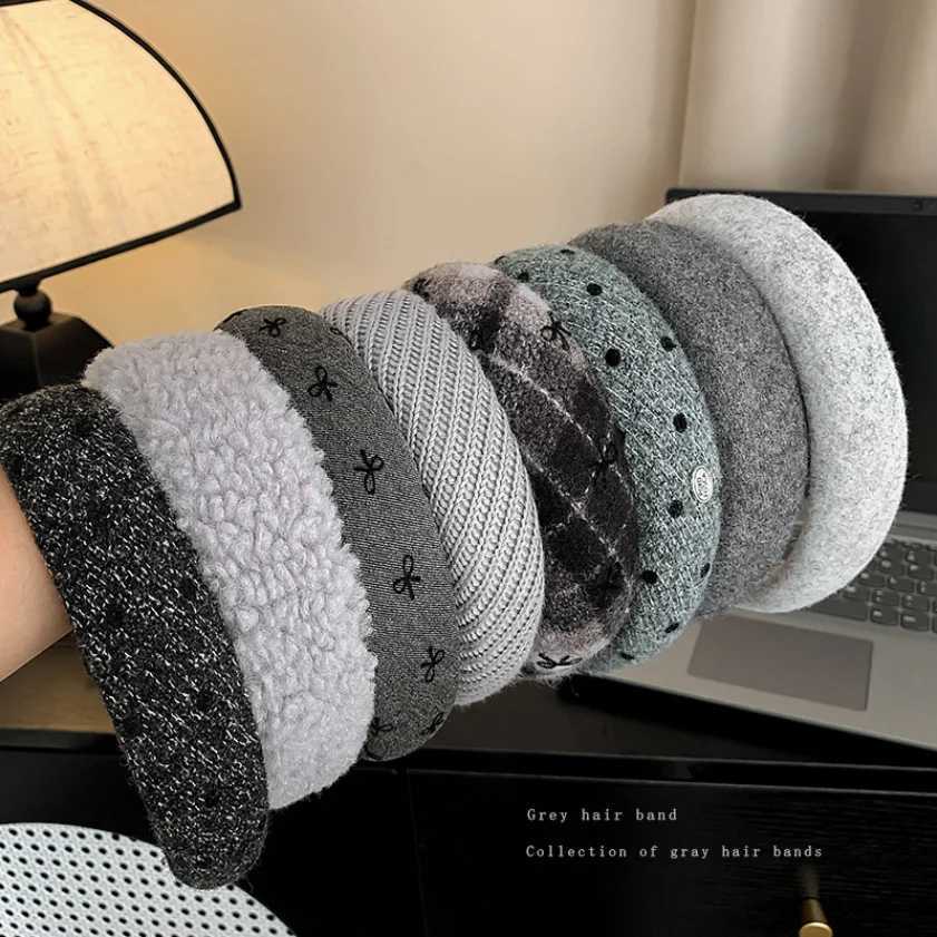 New Grey Headbands Retro Knitted Bow Wool Wide Hair Band for Woman Girl Elegant Hair Hoop Lady Winter Fashion Hair Accessories H260319