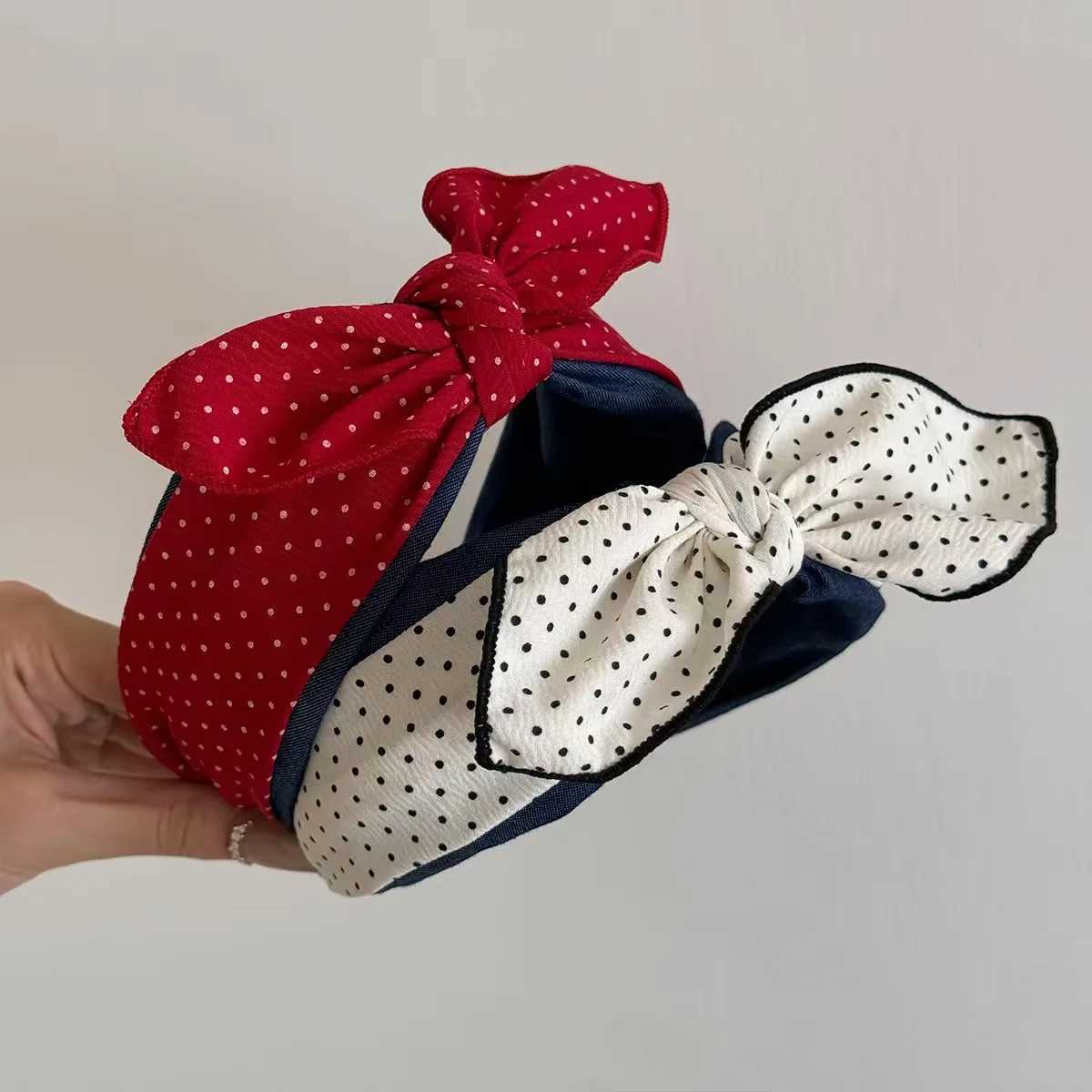 1pc Korean new polka dot denim bow wide edge headband collision sweet headband compression hair hairpin for women H260319