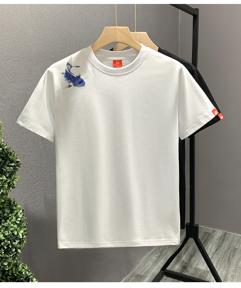 Summer Embroidered Fish Chinese Style Short-sleeved T-shirt Men's Trendy Top Casual Loose Fashion