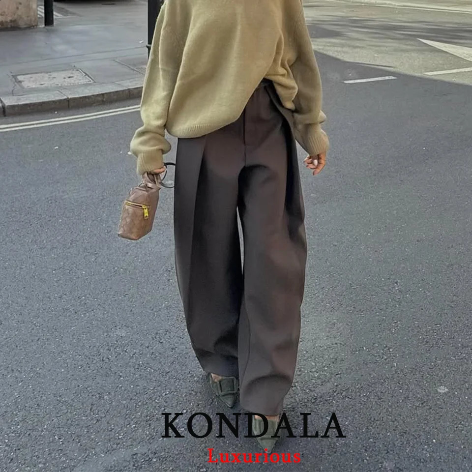 KONDALA Casual Chic Wide Leg Pants Women Office Lady Pockets Pleated Long Trousers Fashion 2026 Spring Summer Streetwear Pants 260317