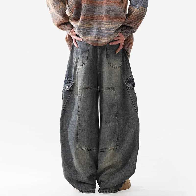 Retro Multi Pocket Curved Knife Jeans Autumn And Winter Vintage Wide Leg Workwear Pants Korean Version High Street MenS Jeans M260319