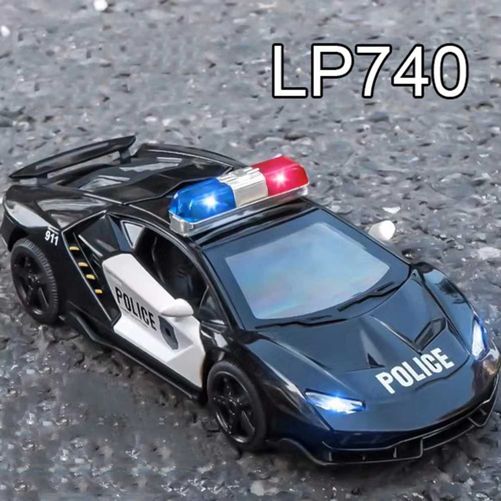 132 Lambor LP740 Toy Police Cars Alloy Diecast Models with Light Sound Pull Back Miniature Vehicles for Boys Educational Toys Y260319