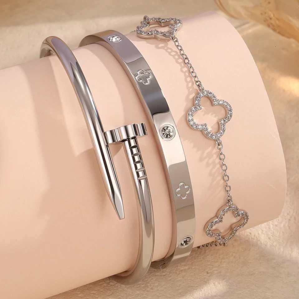 Yupsk 3Pcs StainlESS Steel 18K Gold Plated Flower nails Stacked Bracelet Bangles Shiny Zircon Couple Jewelry GiftXJ260319 - view 3