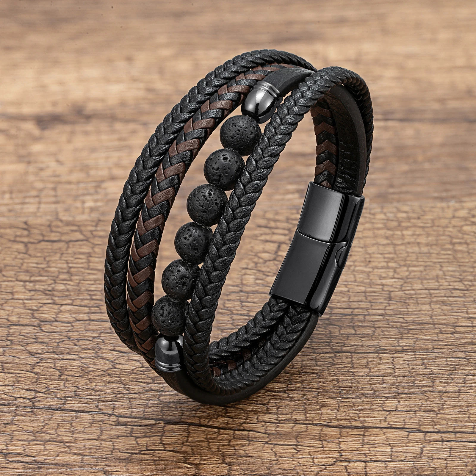 Natural Round Lava Stone Beaded Charm Bracelet Men Multilayer Woven Leather Bracelet Fashion Tiger Eye Jewelry Boyfriend Gift 260318