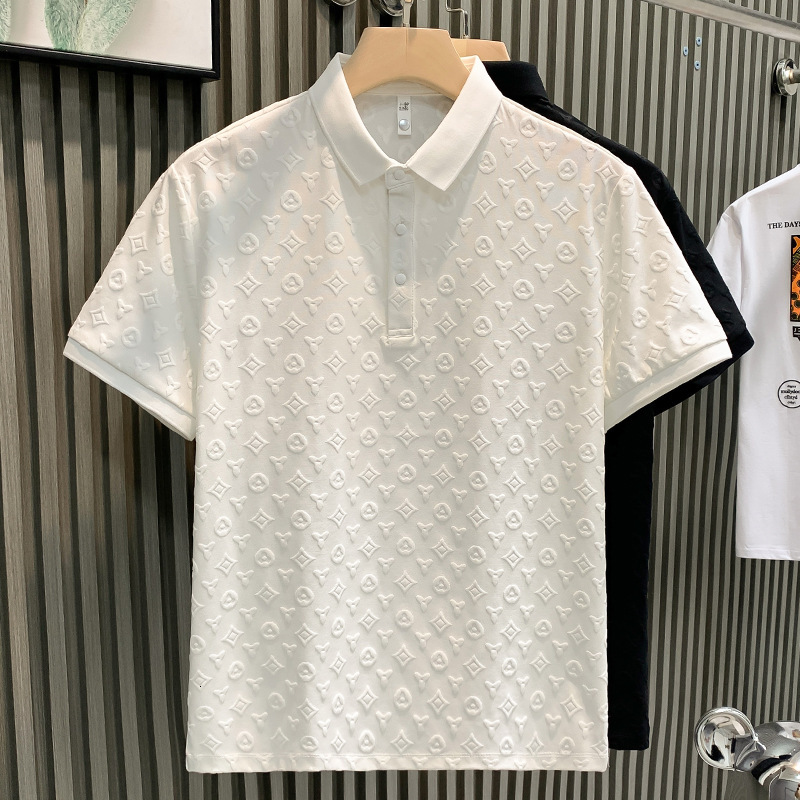 New Men's Short Sleeved T-shirt For Summer 2026, Fashionable And Luxurious Jacquard Casual Slim Fit Youth Lapel Top