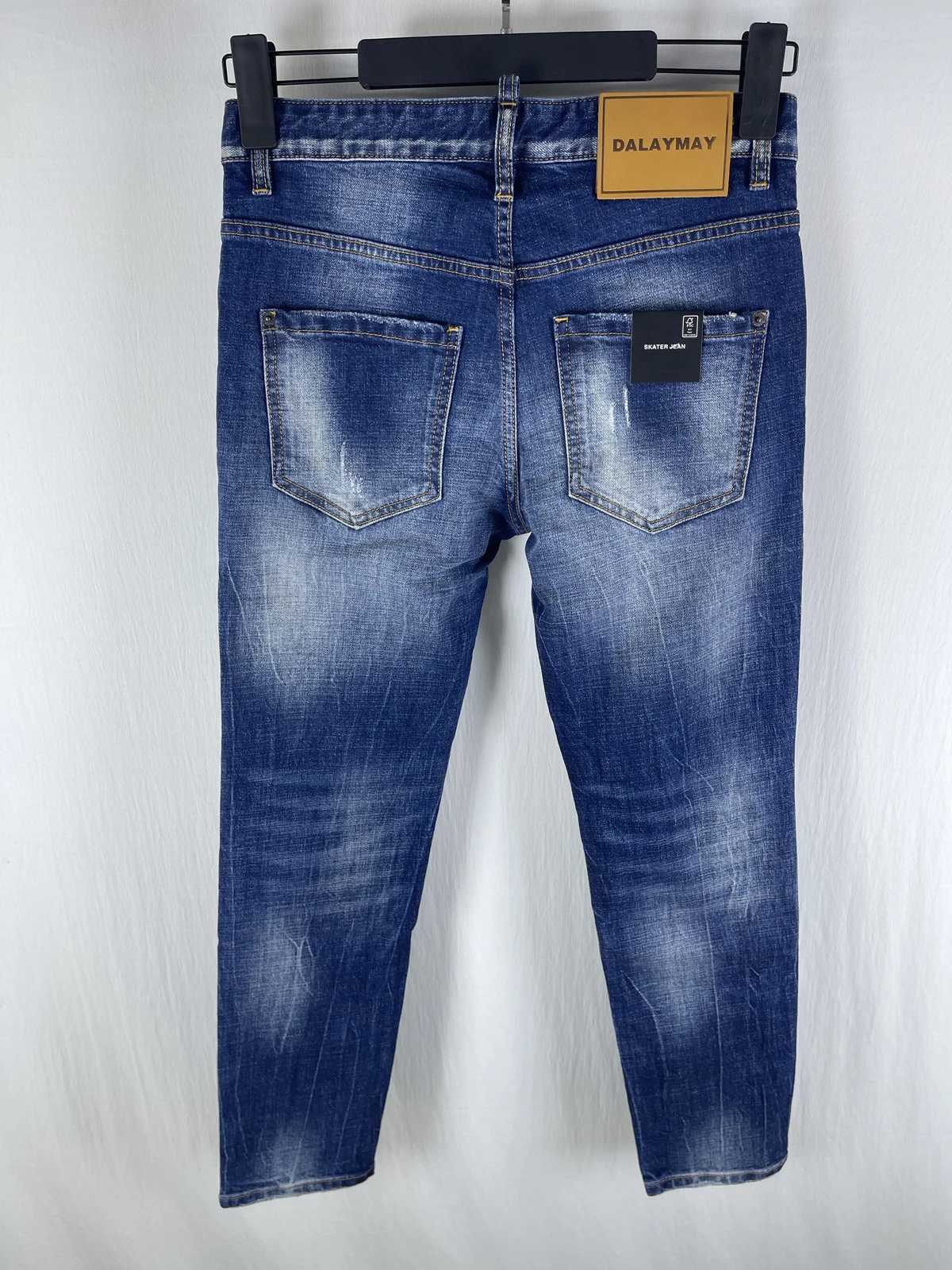 6055 Four Seasons New D2 Jeans Mens Washed Ripped Patch Old Slim Fit Small Straight Blue M260319