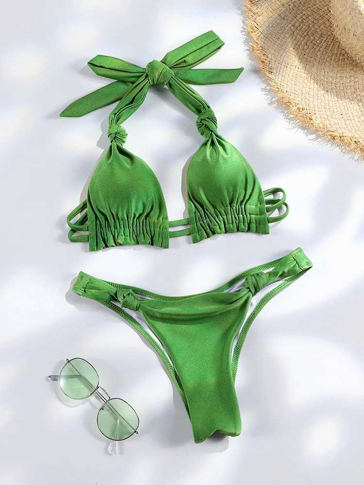 Tiedown Bikini for Women Triangle Swimwear Bathing Suit Brazilian 2-Piece Folds Bikinis Set solid Push Up Swimsuit New 2024T260318