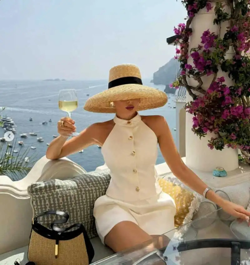 Straw summer hat French elegant ladies seaside travel sun hat Hepburn style wide brim hat 260318