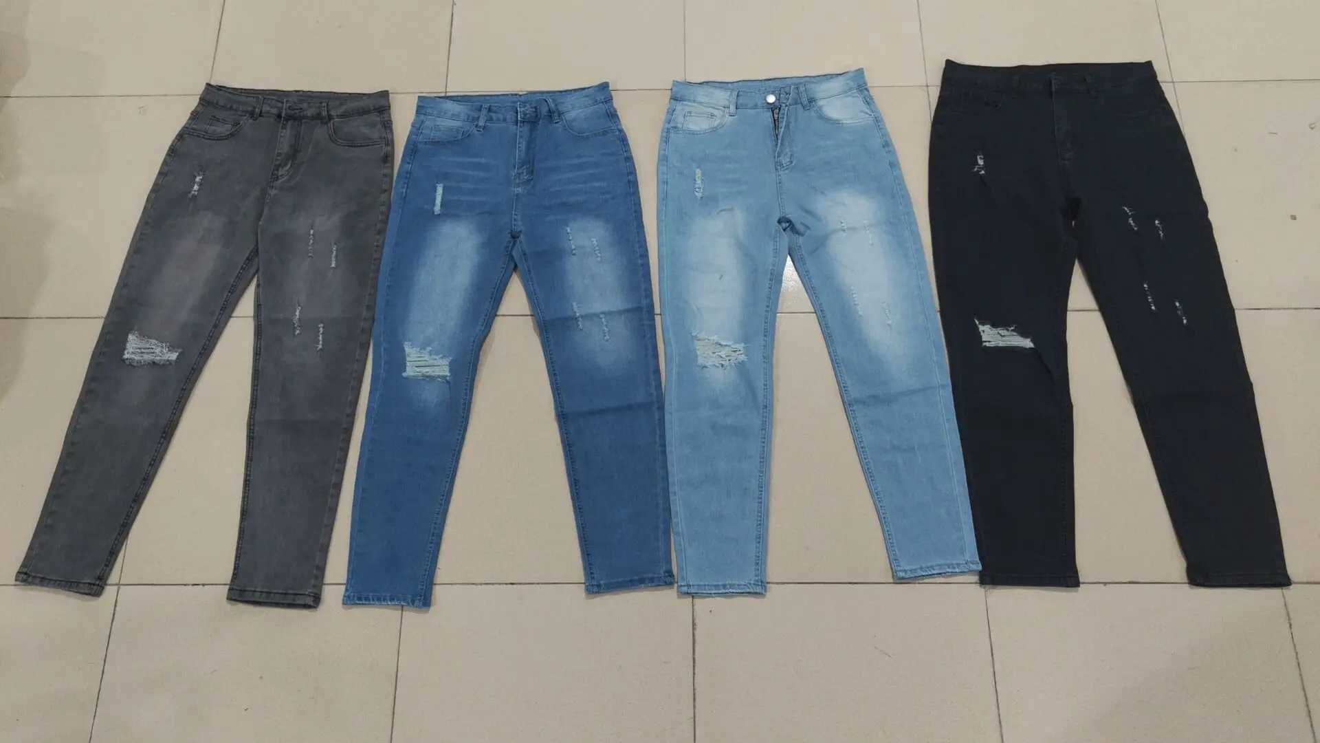 Mens American Retro Hole-Punched Stretch Slim Fit Jeans Zipper Casual Streetwear Denim Pants Classic Black Blue Skinny Trousers M260319