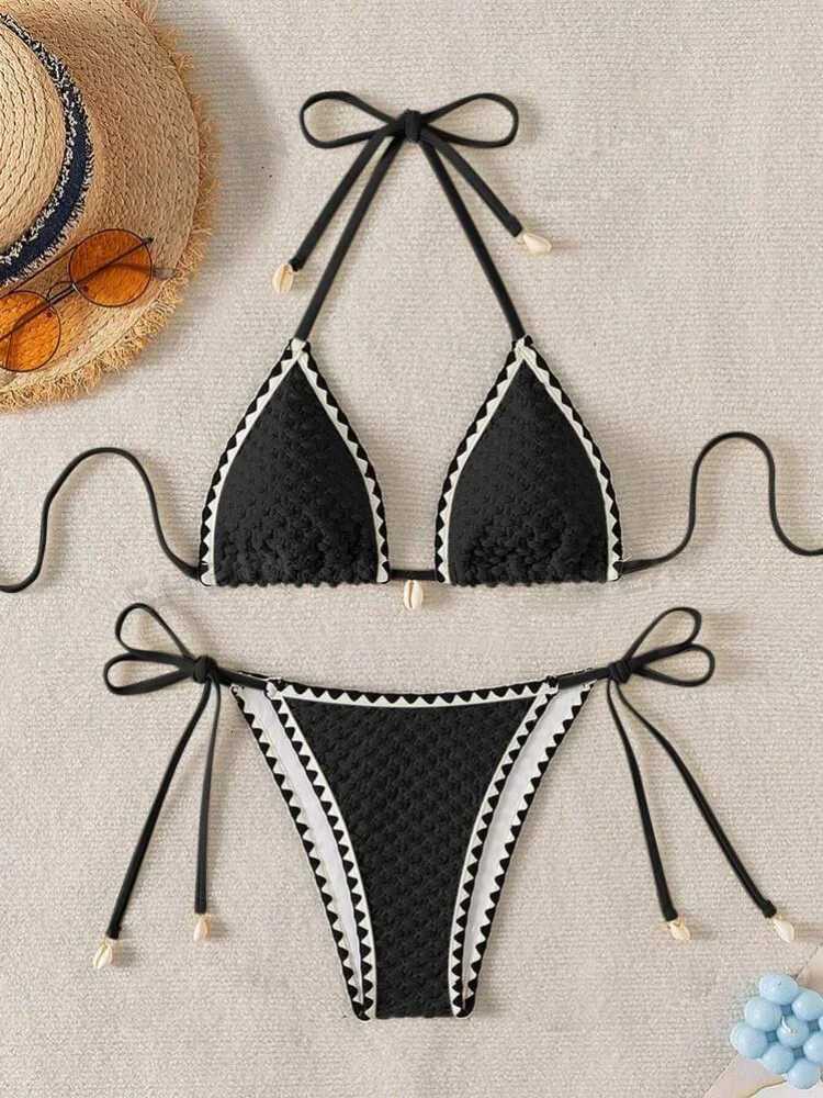 Sexy White Contrast Bikinis Sets 2025 Women Shell Ornament Push Up Tie Side Thong Swimsuit Summer Bathing Suit Micro SwimwearT260318