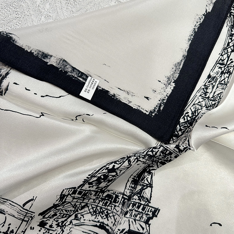 Black Paris Tower Print 100% Silk Scarf for Women - Summer Lightweight Fashion Silk 53cm Small Square Necktie Neck Scarf Neck Guard