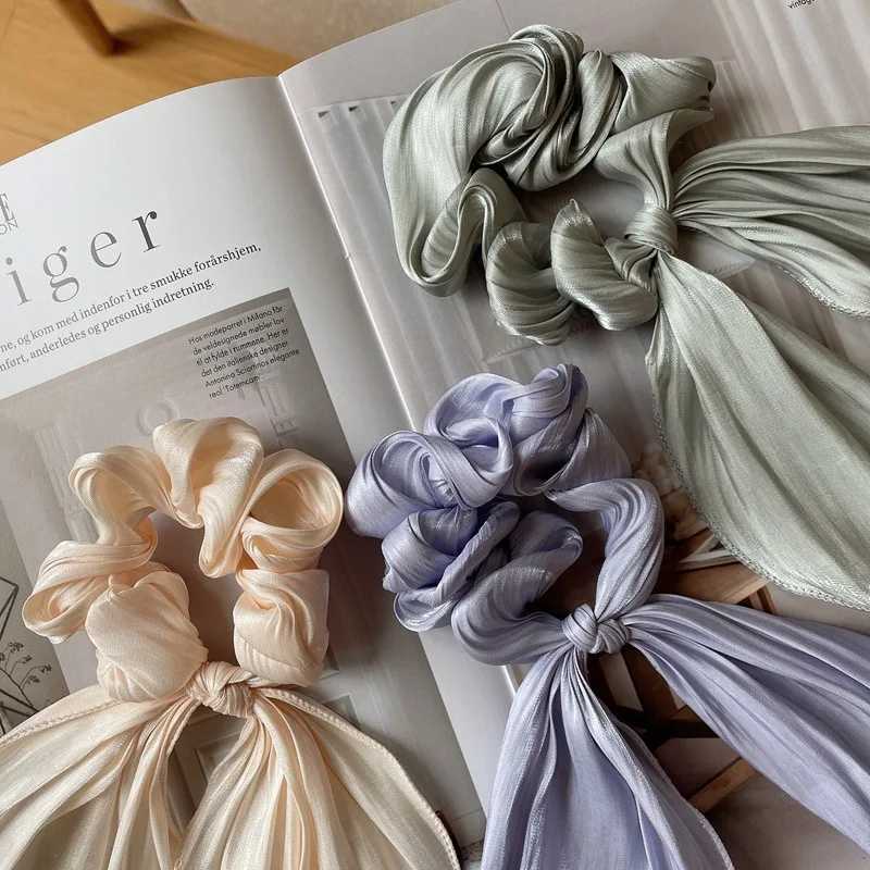 Satin Bow Long Ribbon Scrunchies Elastic Hair Bands Women Girls Ponytail Holder Hair Ties Solid Headband Hair Accessories H260319