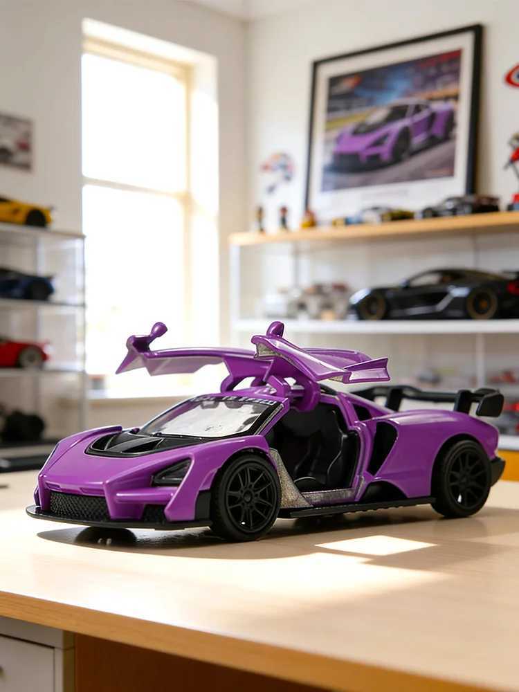Die-Cast Cars143 Die-Cas Model Car Purple Pull-Back Sports Car with Openable Doors Spoiler Racing Vehicle Collectible Y260319