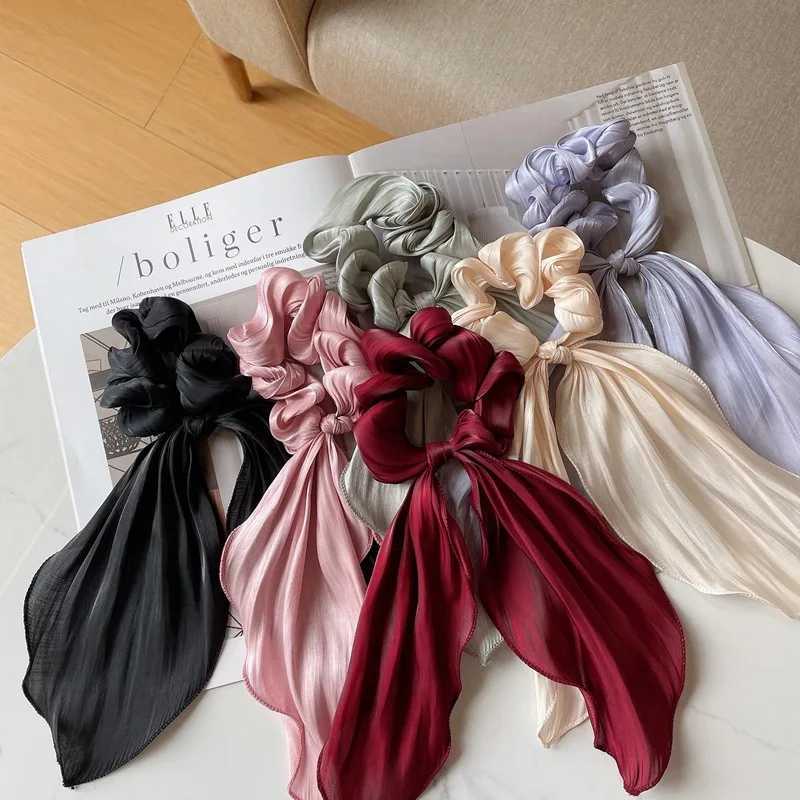 Satin Bow Long Ribbon Scrunchies Elastic Hair Bands Women Girls Ponytail Holder Hair Ties Solid Headband Hair Accessories H260319