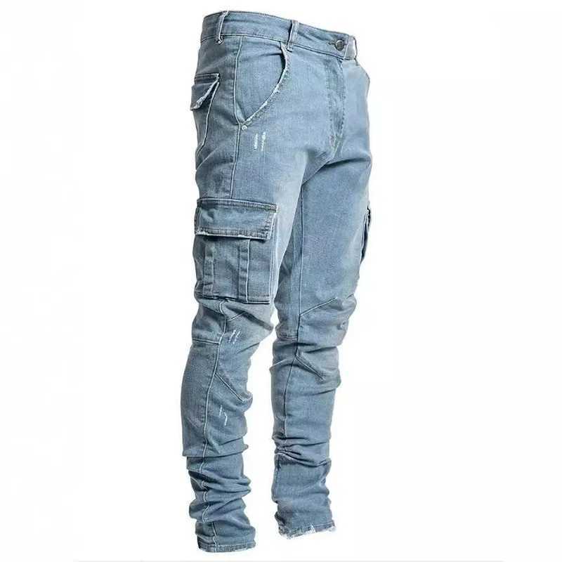 Men Street Elastic Denim Jeans Wash Solid Color Multi Pockets Cargo Pants Casual Slim Fit Daily Wear Joggers Mid Waist Trousers M260319