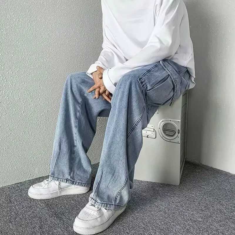 Loose Straight Long Pants Trendy Washed Men New Elastic Waist Spring Autumn Youth Popular Fashion Jeans Big Pocket Cargo Pants M260319