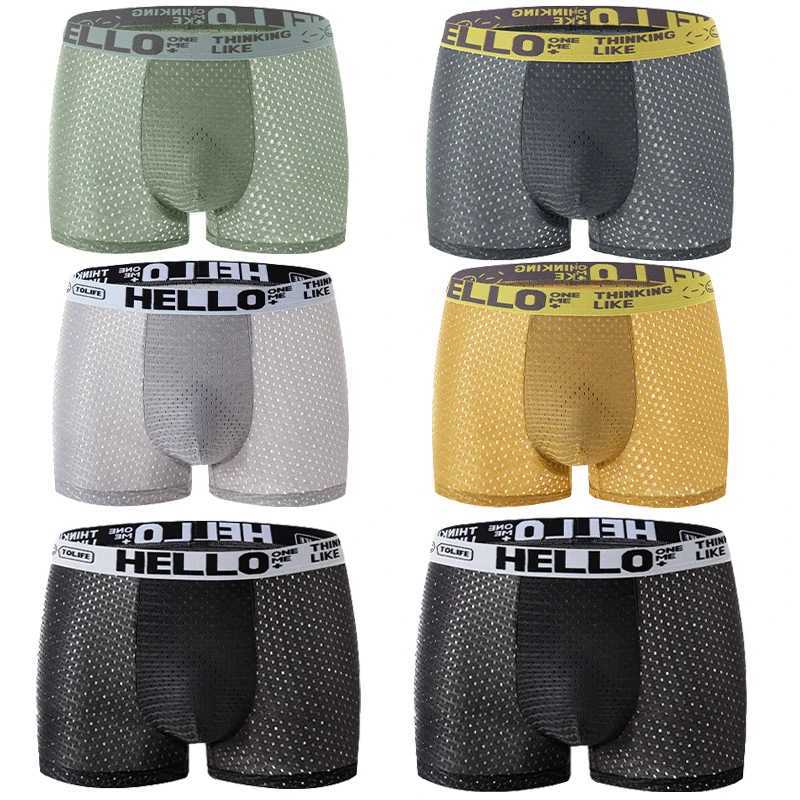 6 pieces of mesh ice silk boxing shorts for mens underwear breathable sexy slim fit and seamless flat corner pants plus size4XL D260319