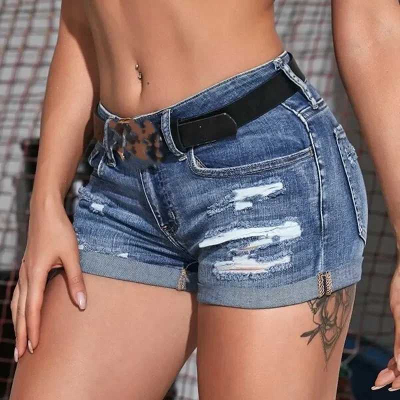 Womens Split Denim Shorts Summer Beach Wild Fashion Sexy Mid Waist Curled Cuff Perforated Elastic Slim Fit Casual Shorts M260319