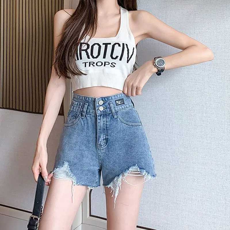 Summer Girls Korean Ripped Casual Jeans Women Blue Thin A-line Short Pants Female High Waist Baggy Mini Pants M260319