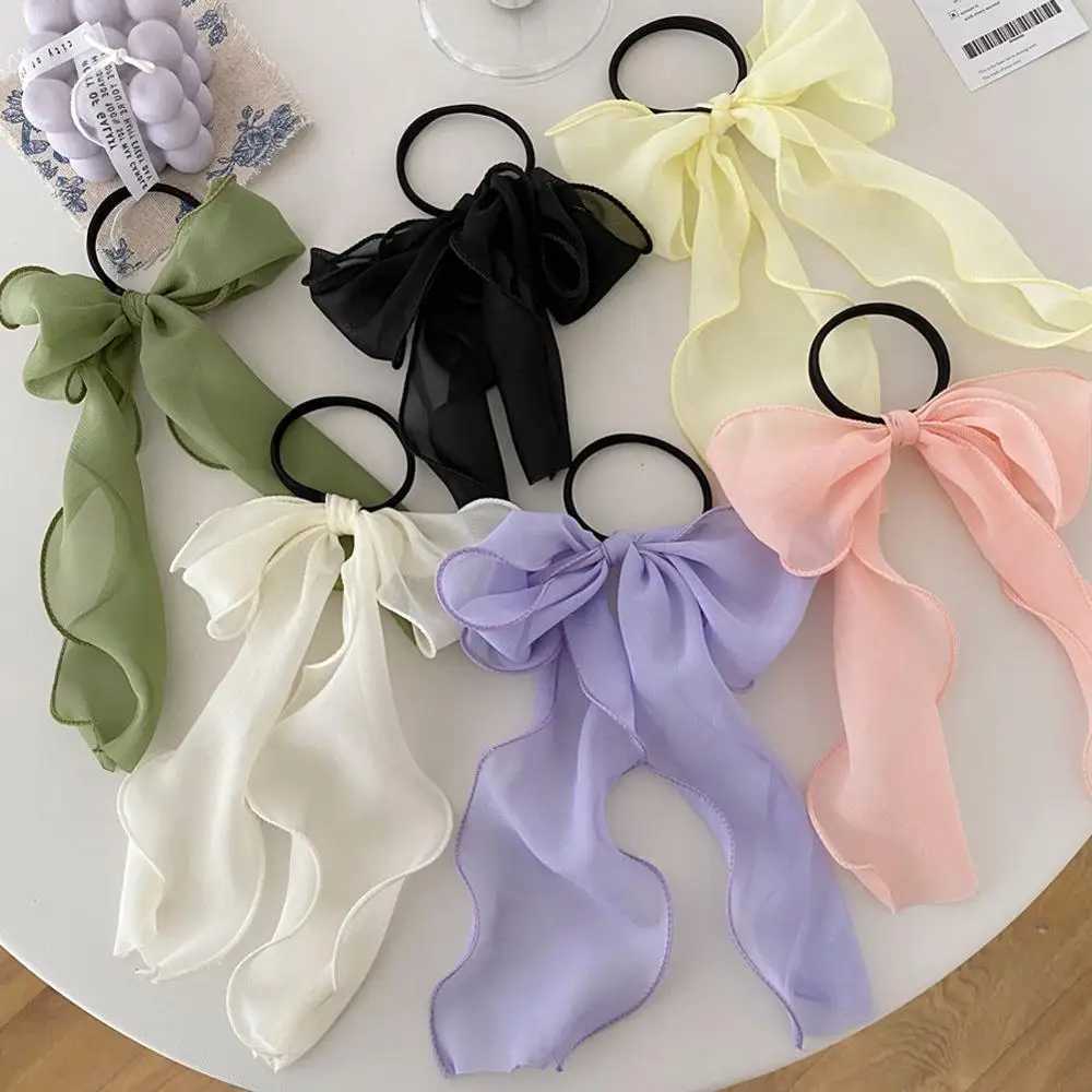 Summer Solid Color Lace Yarn Ribbon Hair Scrunchies Women Bow Elastic Hair Rope Ponytail Holder Girls Hair Ties Accessories H260319