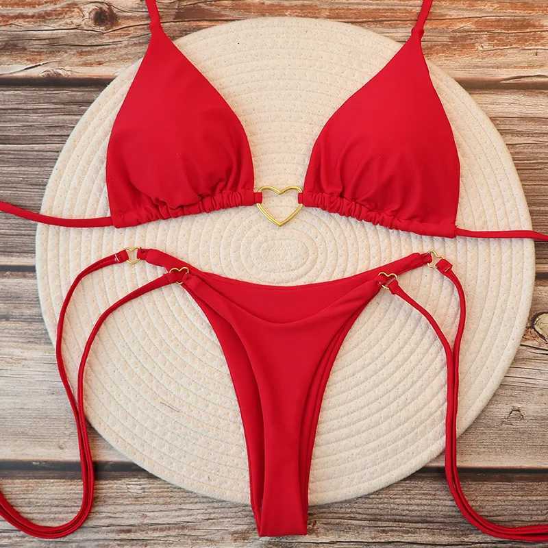 Womens Sexy Brazilian Bikini Set Halter Triangle Top Thong Bottom Two-Piece Swimsuit Heart Bathing Suit Summer Beach SwimwearT260318