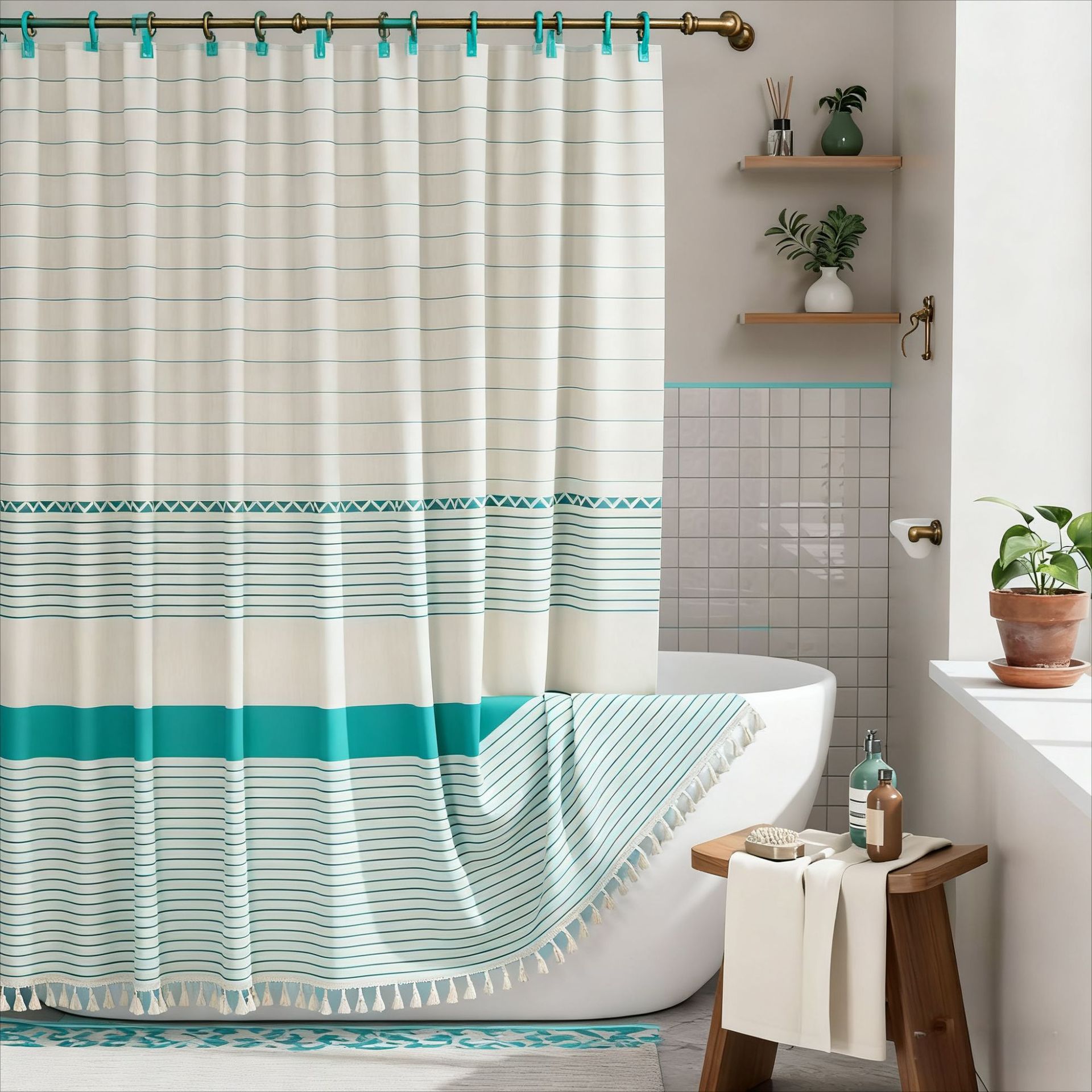 YL-38369 Printed Bamboo Striped Simple Tassel Bathroom Curtain, Waterproof and Thickened, Bathroom Partition Curtain