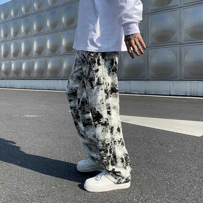 Printed jeans Unisex Elastic waist Spring 2025 Mopping Trousers Jeans Mens Fashion Korean Style High Street Loose Hip Hop Pants M260319