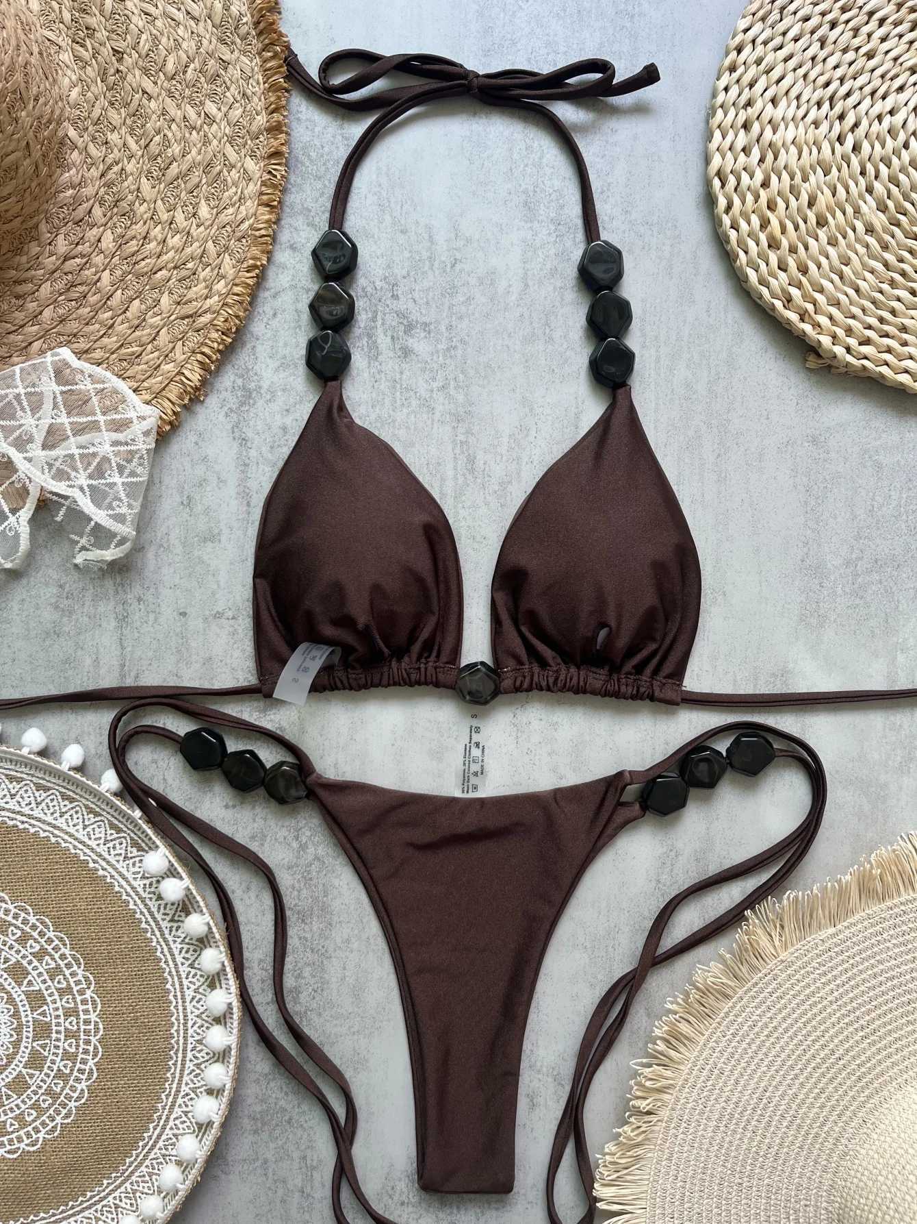 2025 Sexy Bead Bikini Swimwear Women Halter Bikini Swimsuit Beach Halter V Neck Bikini Set Beachwear Summer Bathing SuitT260318