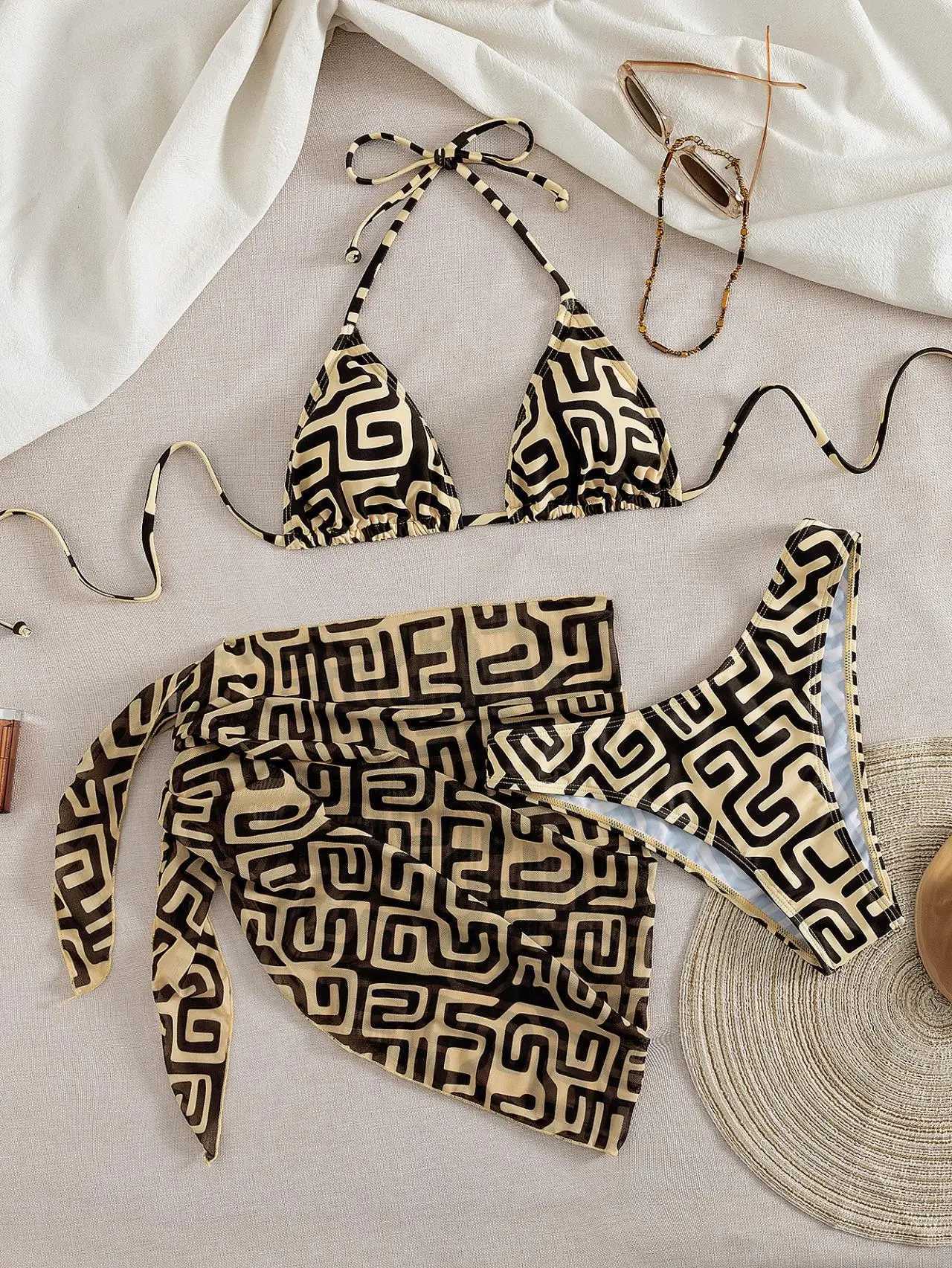 Vintage Yellow Geometry Print Bikini Set Women Halter Push Up Bra Mesh Skirt 3 Piece Swimsuit Bathing Suit Holiday Swimwear 2026T260318