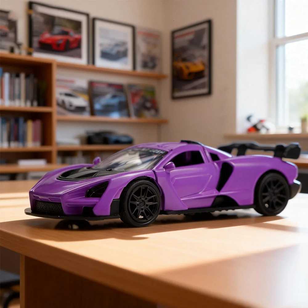 Die-Cast Cars143 Die-Cas Model Car Purple Pull-Back Sports Car with Openable Doors Spoiler Racing Vehicle Collectible Y260319