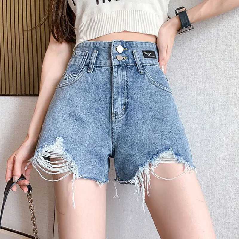 Summer Girls Korean Ripped Casual Jeans Women Blue Thin A-line Short Pants Female High Waist Baggy Mini Pants M260319