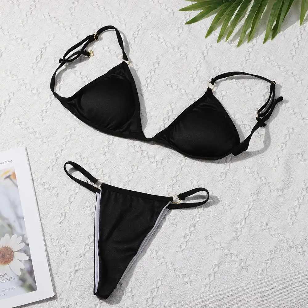 Ladies Sexy Solid Color Sling Bikini Set Metal Buckle Decorated Swimwear Set Woman Sling Backless Bikini Vacation Beach SwimwearT260318
