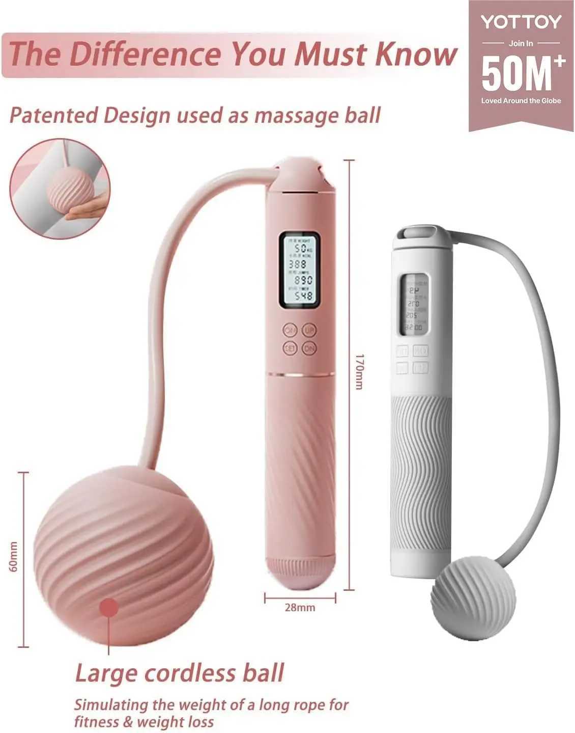 Cordless Jump Rope with LCD Display Weighted Ball for Adults - Adjustable Fitness Tool M260319