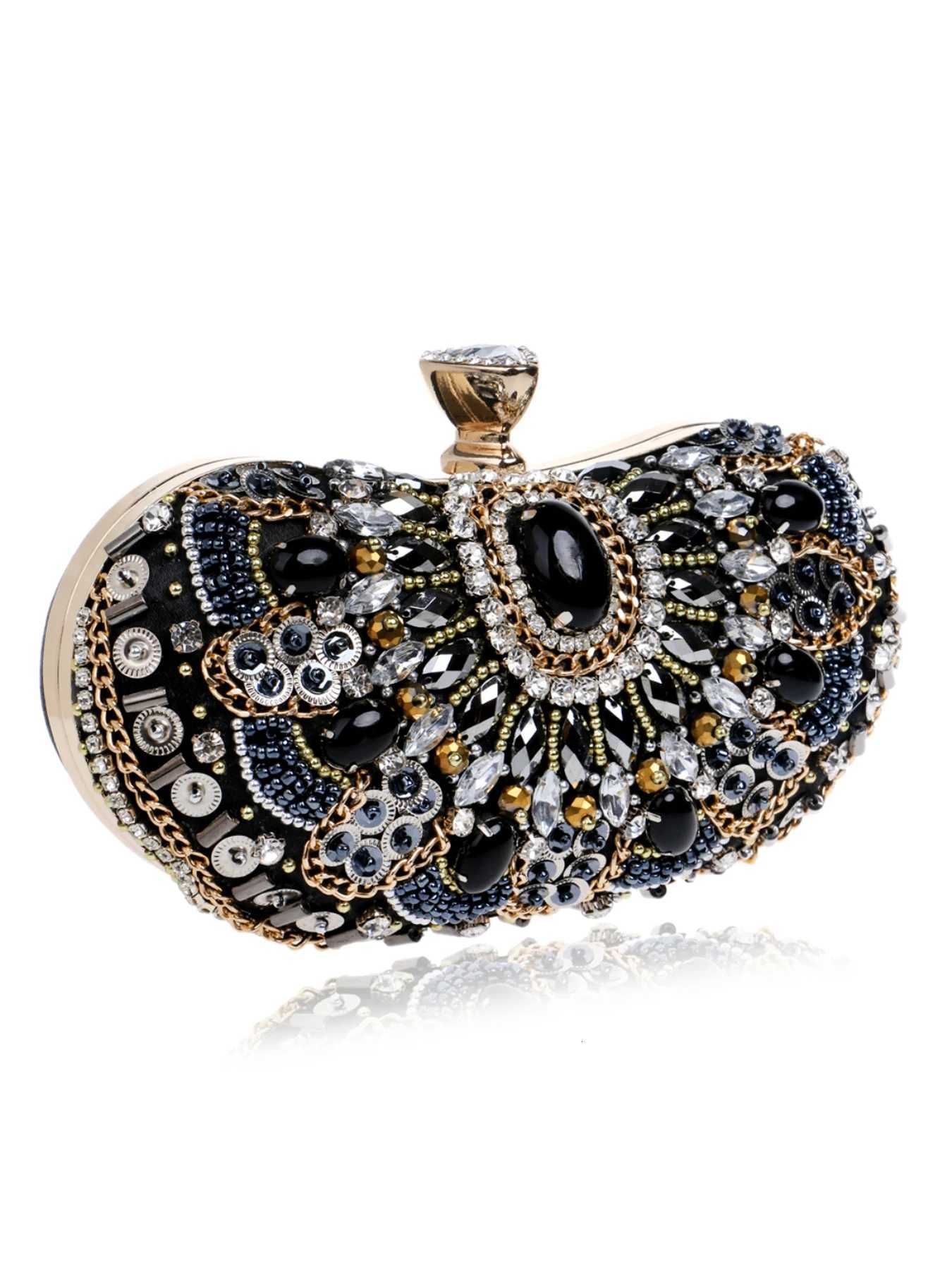 Embroidery Design Lady Gift Clutch Beading Hollow Out Style Evening Bags Black Color Diamonds Metal Golden Handbags Purse W260319 - view 3