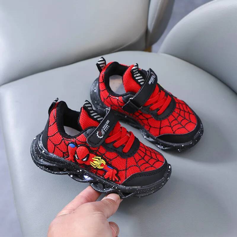 Designer Disney LED Casual Sneakers Red Black For Spring Boys Mesh Outdoor Spider-Man Shoes Children Lighted Non-Slip Shoes Size 21-30 Luxury