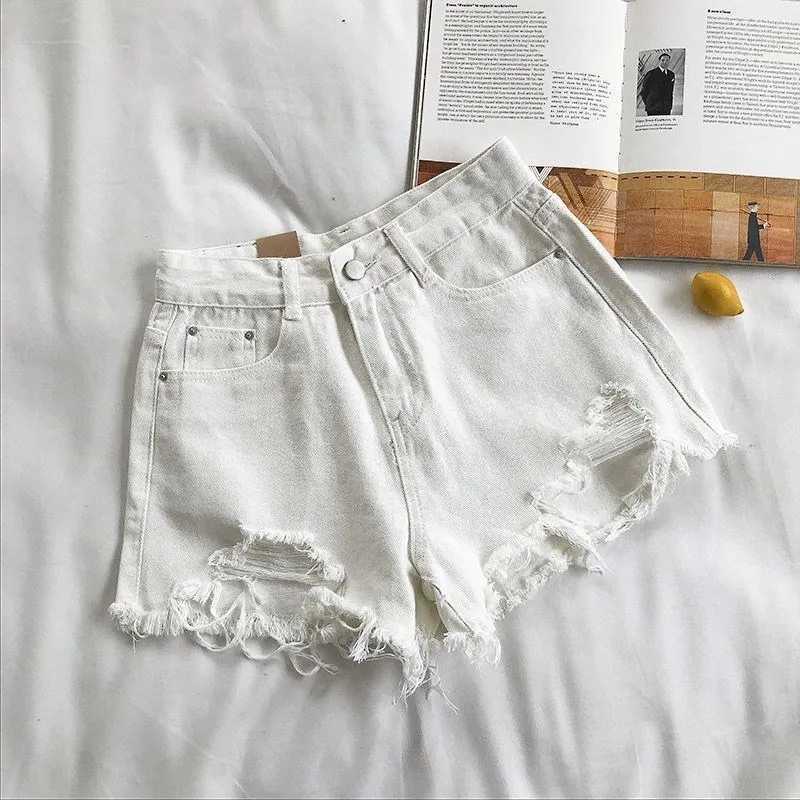 Korean Denim Shorts Women Summer Fashion Casual High Waist Ripped Jeans Pocket Tassel Y2K Hot Pants Streetwear Blue Trousers M260319