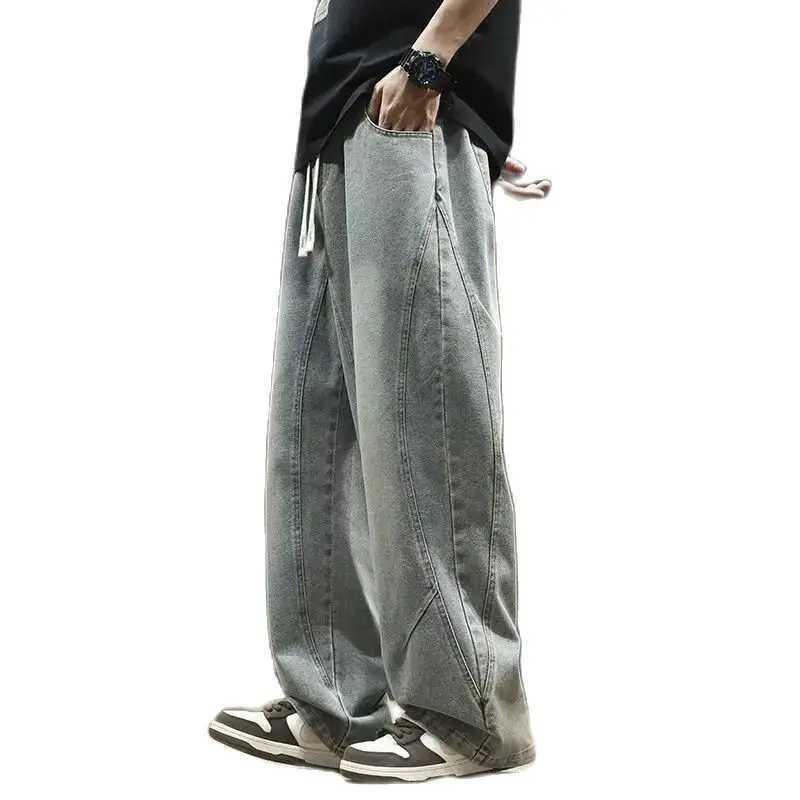 Teenage spring straight leg jeans for boys loose straight leg casual curved knife pants student washed wide leg long pants M260319