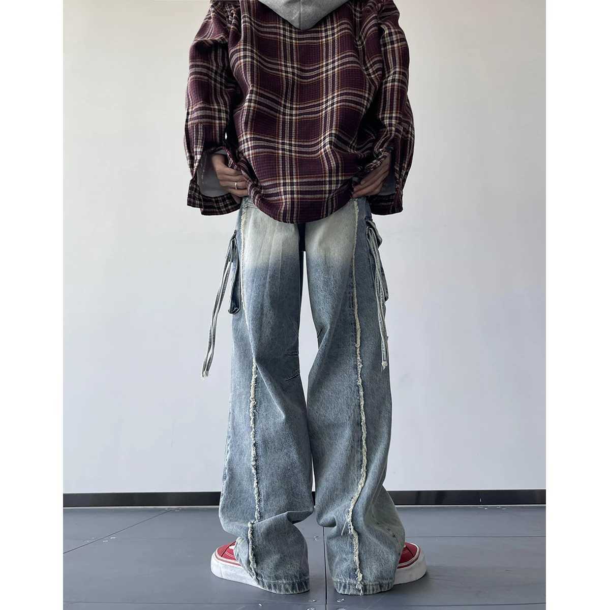 Cargo jeans men Autumn NEW Fashion Burrs Vintage Blue Streetwear Casual Denim Pants Unisex Hip Hop Patchwork Jean Pants M260319