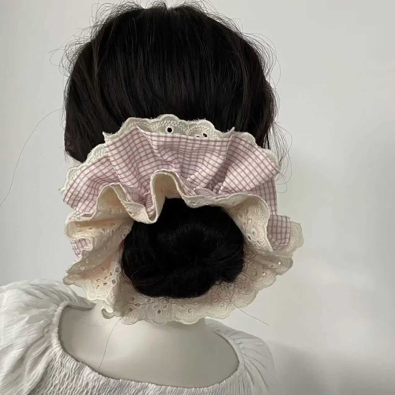 Pink fresh and sweet plaid lace four-layer large intestine scrunchie Gentle girl sweet lady daily hair accessory H260319