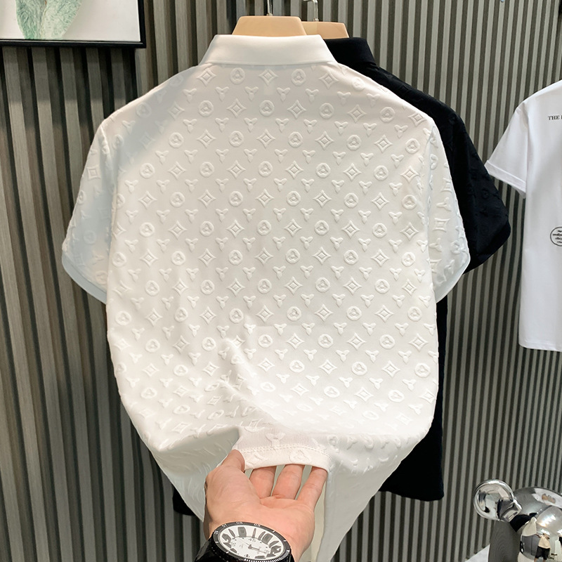 New Men's Short Sleeved T-shirt For Summer 2026, Fashionable And Luxurious Jacquard Casual Slim Fit Youth Lapel Top