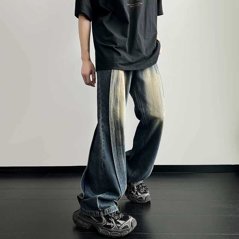 2025Autumn jeans Men Korean Washed Vintage Fashion Jeans Streetwear Hip Hop Baggy Denim Trousers Straight Wide Leg Mopping Pants M260319