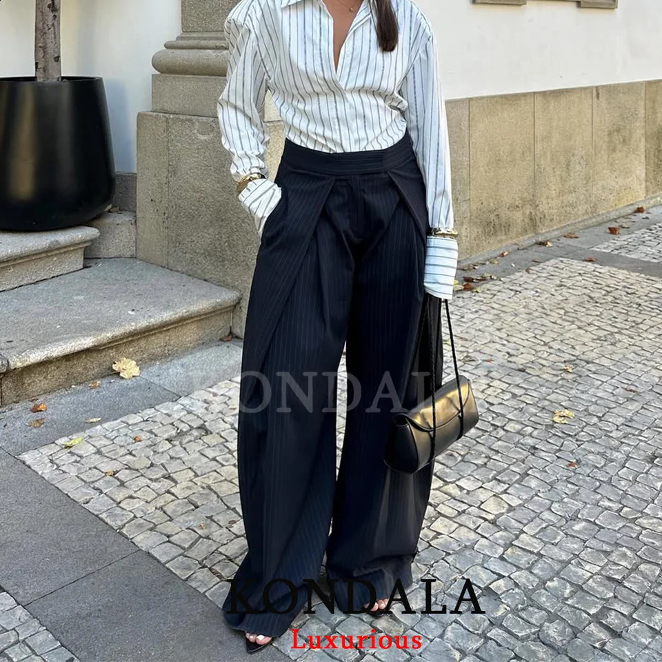 KONDALA Casual Chic Wide Leg Pants Women Office Lady Pockets Pleated Long Trousers Fashion 2026 Spring Summer Streetwear Pants 260317