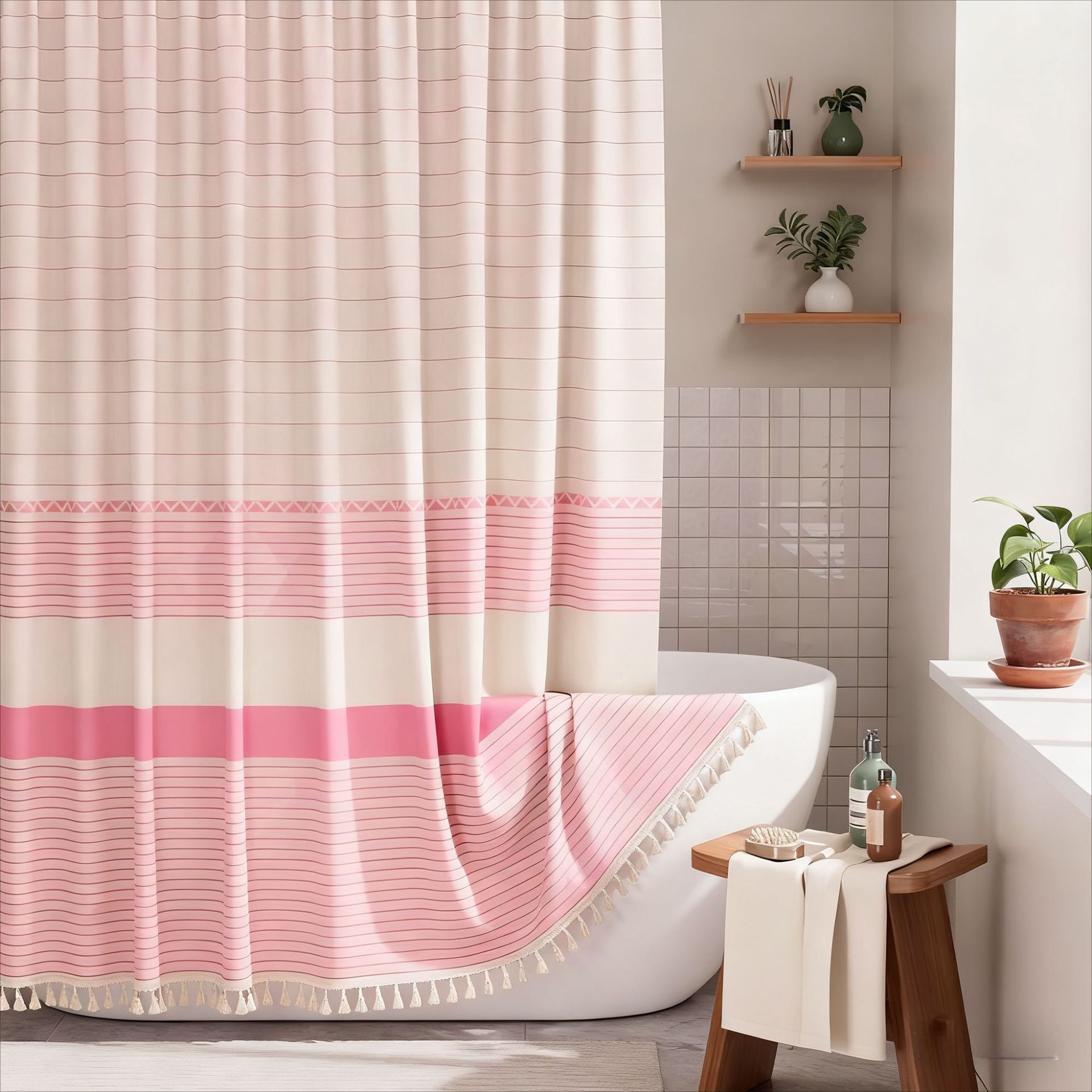 YL-38371 Printed Bamboo Striped Simple Tassel Bathroom Curtain, Waterproof and Thickened, Bathroom Partition Curtain