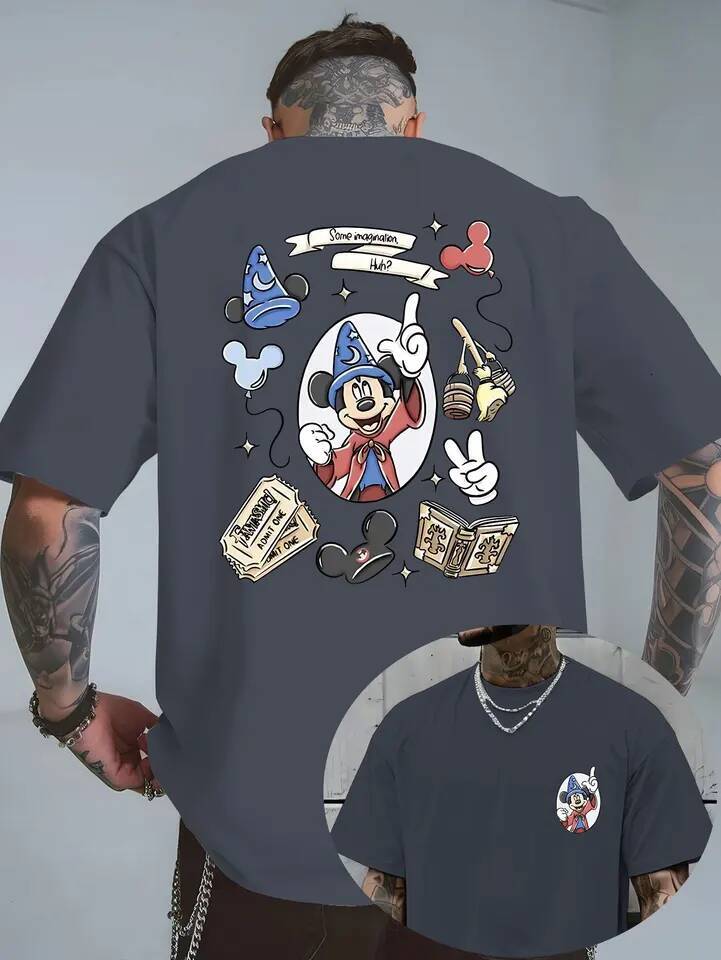 Summer Men's Disney Mickey Mouse Pattern T-Shirt Daily Leisure and Theme Activities Wear Unisex Cotton Short Sleeve Oversized