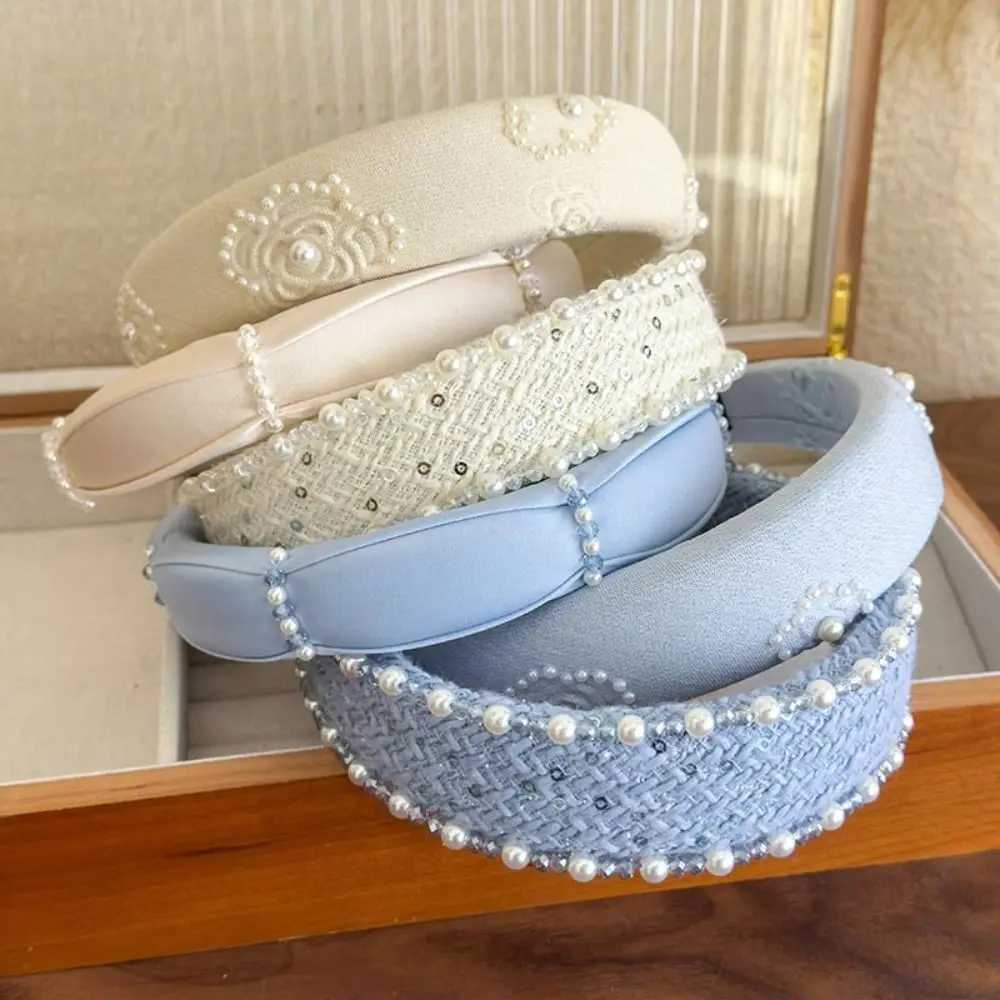 Retro Rose Print Women Headband Beige Blue Sweet Hair Hoop Elegant Versatile Pearl Crystal Girls Party Hair Accessories H260319
