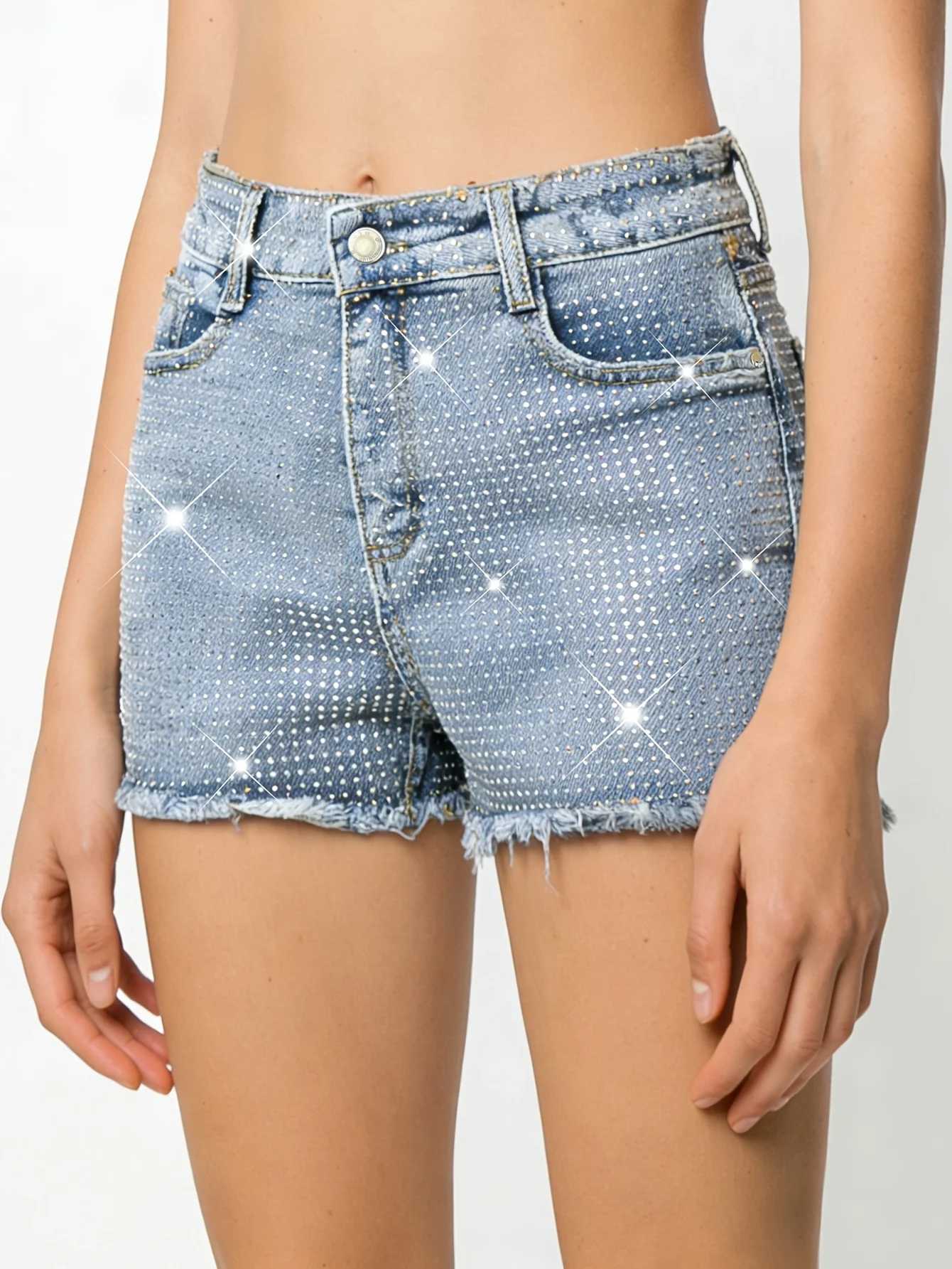 Shorts Female Jeans Women Jeans Shorts Distressed Denim Blue Stretch Elegant Fashion Crystal Embellished M260319